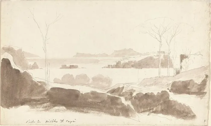 Framed Print : View of the Islands of Nisida and Capri, probably 1819. Creator: Friedrich Salathe Framed Print : View of the Islands of Nisida and Capri, probably 1819. Creator: Friedrich Salathe