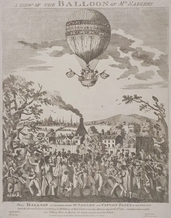 Framed Print : View of James Sadlers balloon over Mermaid Gardens, Hackney, London, 1811. Artist Framed Print : View of James Sadlers balloon over Mermaid Gardens, Hackney, London, 1811. Artist