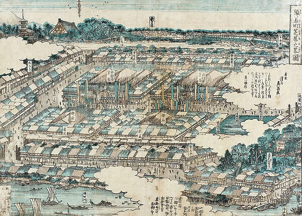 View of Kabuki Theatre District in Edo, 1820. Creator: Ikeda Eisen