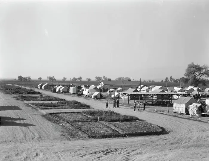 Framed Print : View of Kern County migrant camp showing community garden plots, California, 1936. Creator: Dorothea Lange Framed Print : View of Kern County migrant camp showing community garden plots, California, 1936. Creator: Dorothea Lange
