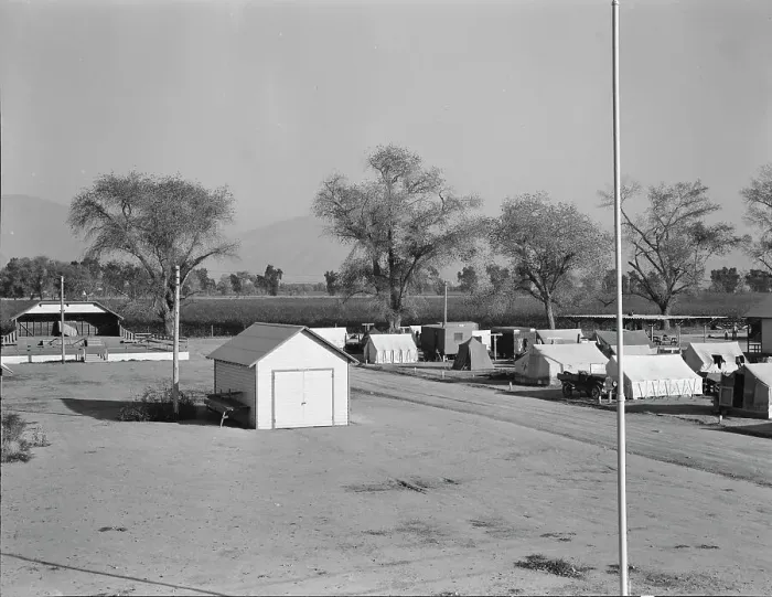 Framed Print : View of Kern migrant camp, community center at left, California, 1936. Creator: Dorothea Lange Framed Print : View of Kern migrant camp, community center at left, California, 1936. Creator: Dorothea Lange