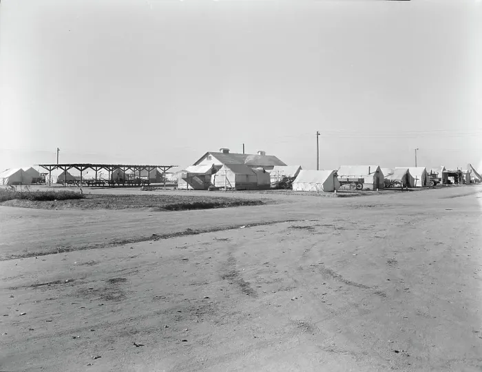 Framed Print : View of Kern migrant camp...sanitary units, CA, 1936. Creator: Dorothea Lange Framed Print : View of Kern migrant camp...sanitary units, CA, 1936. Creator: Dorothea Lange