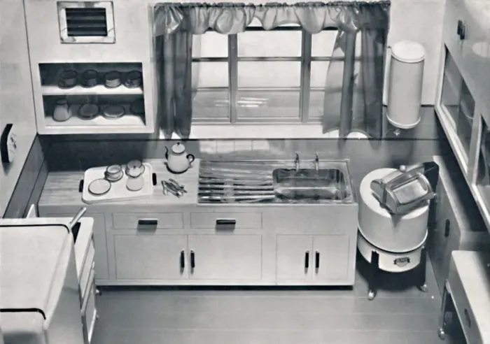 Framed Print : View of a kitchen, designed by H. M. V. Household Appliances, 1938 Framed Print : View of a kitchen, designed by H. M. V. Household Appliances, 1938
