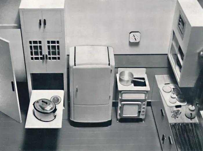 Framed Print : View of a kitchen, designed by H. M. V. Household Appliances, 1938 Framed Print : View of a kitchen, designed by H. M. V. Household Appliances, 1938