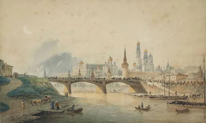 Framed Print : View of the Kremlin and Moskvoretsky bridge from the Moskva River embankment, 1870 Framed Print : View of the Kremlin and Moskvoretsky bridge from the Moskva River embankment, 1870