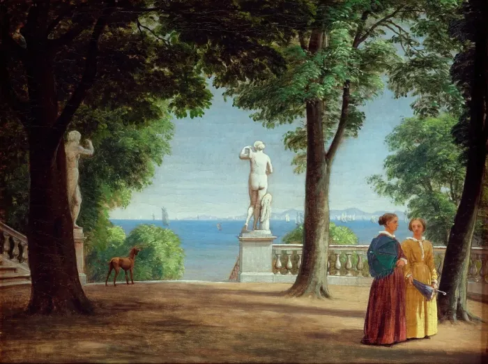Framed Print : View towards Kullen from a garden terrace with statues (Marienlyst?), n.d. c1840-1870.. Creator: Peter Christian Thamsen Skovgaard Framed Print : View towards Kullen from a garden terrace with statues (Marienlyst?), n.d. c1840-1870.. Creator: Peter Christian Thamsen Skovgaard