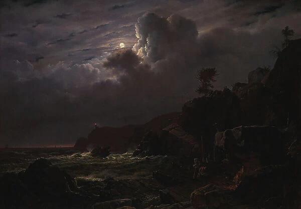 View of Kullen in Sweden, Smugglers Hiding their Goods among the Rocks, Moonlight, 1834. Creator: Louis Gurlitt