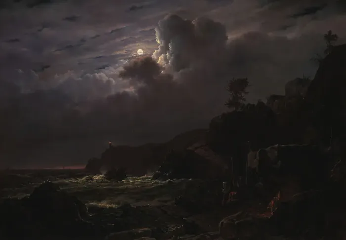 Framed Print : View of Kullen in Sweden, Smugglers Hiding their Goods among the Rocks, Moonlight, 1834. Creator: Louis Gurlitt Framed Print : View of Kullen in Sweden, Smugglers Hiding their Goods among the Rocks, Moonlight, 1834. Creator: Louis Gurlitt