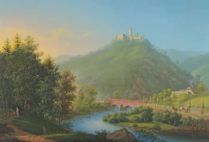 Framed Print : View of Kynsburg over the Weistritz River Valley in Silesia, late 18th-19th century Framed Print : View of Kynsburg over the Weistritz River Valley in Silesia, late 18th-19th century