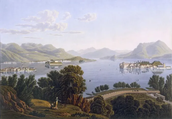 Framed Print : View of Lake Maggiore and the Borromean Islands, 1819. Creator: Swiss School (19th Century) Framed Print : View of Lake Maggiore and the Borromean Islands, 1819. Creator: Swiss School (19th Century)