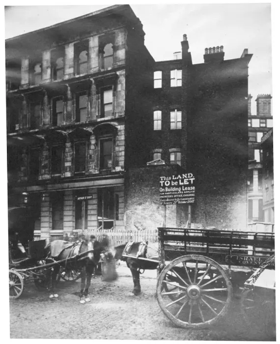 Framed Print : View of land to let in Arthur Street East with two horse-drawn carts in front, City of London, 1887 Framed Print : View of land to let in Arthur Street East with two horse-drawn carts in front, City of London, 1887