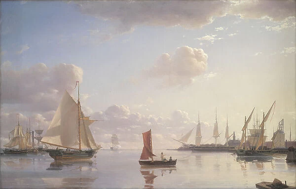 View from Langelinie towards the Royal naval Dockyards at Nyholm, Copenhagen, Morning Light, 1850. Creator: Emanuel Larsen