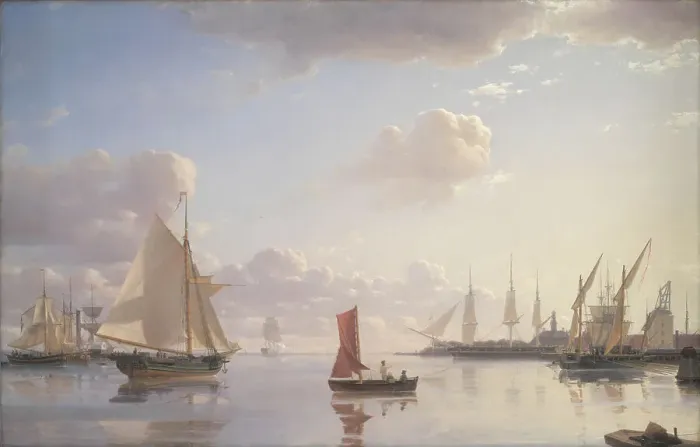 Framed Print : View from Langelinie towards the Royal naval Dockyards at Nyholm, Copenhagen, Morning Light, 1850. Creator: Emanuel Larsen Framed Print : View from Langelinie towards the Royal naval Dockyards at Nyholm, Copenhagen, Morning Light, 1850. Creator: Emanuel Larsen