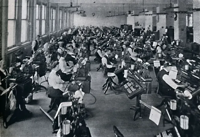 Framed Print : A View of the Largest Battery of Composing Machines in the World, 1916 Framed Print : A View of the Largest Battery of Composing Machines in the World, 1916