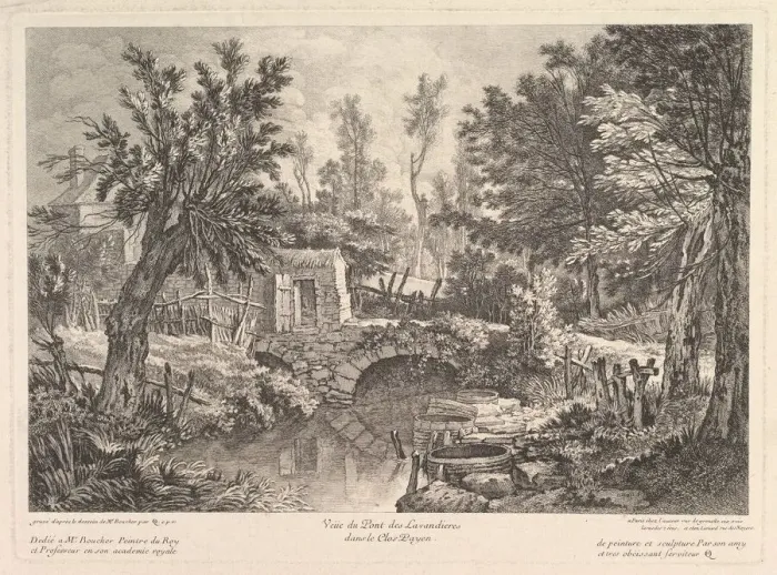 Framed Print : View of the Lavandieres Bridge at the Peasant House, mid-18th century