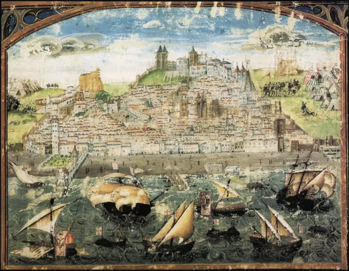 Framed Print : View of Lisbon. Miniature from Cronica de Dom Afonso Henriques by Duarte Galvao, ca Framed Print : View of Lisbon. Miniature from Cronica de Dom Afonso Henriques by Duarte Galvao, ca