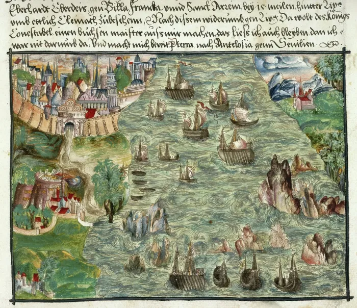 Framed Print : View of Lisbon, with ships tossed about in the treacherous waters of the inlet, , 1560-1632. Creator: Unknown Framed Print : View of Lisbon, with ships tossed about in the treacherous waters of the inlet, , 1560-1632. Creator: Unknown