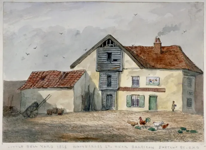 Framed Print : View of Little Bell Yard, Whitecross Street, with chickens in the foreground, London, 1868 Framed Print : View of Little Bell Yard, Whitecross Street, with chickens in the foreground, London, 1868