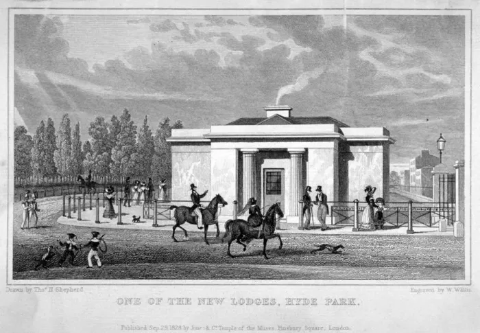 Framed Print : View of a lodge in Hyde Park, London, 1828 Framed Print : View of a lodge in Hyde Park, London, 1828