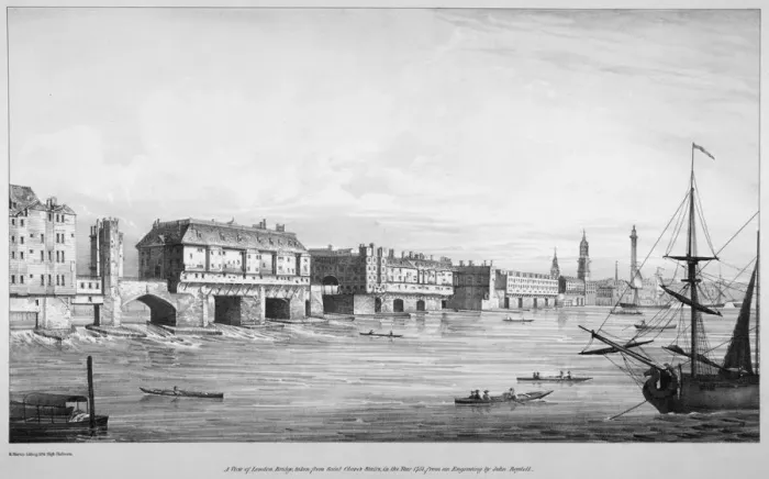 Framed Print : View of London Bridge looking north from St Olaves Stairs in 1751, (1830). Artist Framed Print : View of London Bridge looking north from St Olaves Stairs in 1751, (1830). Artist