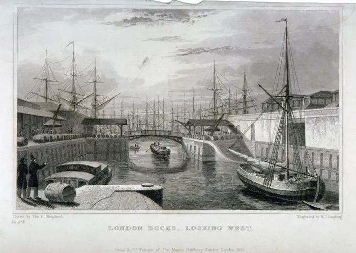 Framed Print : View of London Docks looking west, Wapping, 1831. Artist: MJ Starling Framed Print : View of London Docks looking west, Wapping, 1831. Artist: MJ Starling