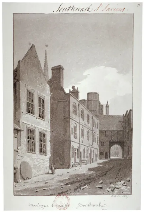 Framed Print : View looking towards the gateway of Montague House, Southwark, London, 1827. Artist Framed Print : View looking towards the gateway of Montague House, Southwark, London, 1827. Artist