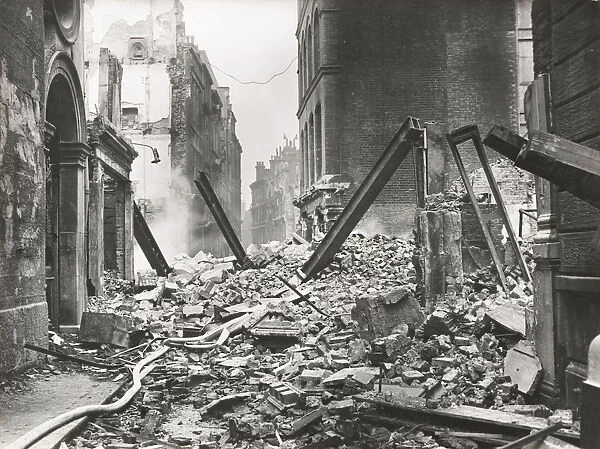 View looking south down Walbrook after an air raid, City of London, World War II, 1941