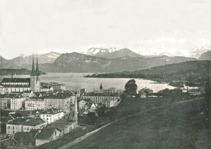Framed Print : View of Lucerne and its mountains, Switzerland, 1895. Creator: W &s Ltd Framed Print : View of Lucerne and its mountains, Switzerland, 1895. Creator: W &s Ltd