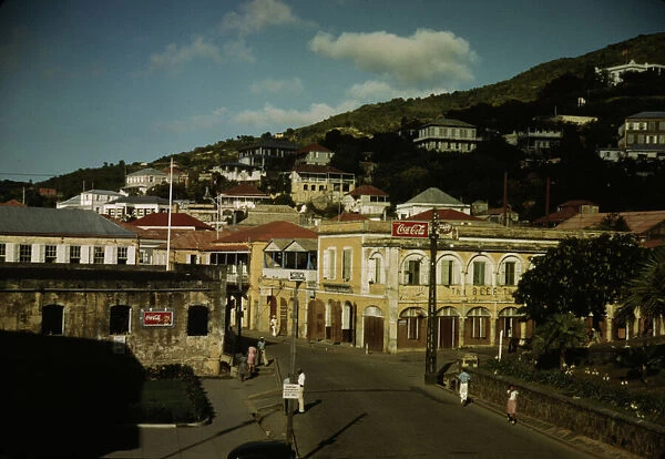 View down the main street from the Grand Hotel, Charlotte Amalie, St. Thomas Island, V. I. 1941. Creator: Jack Delano