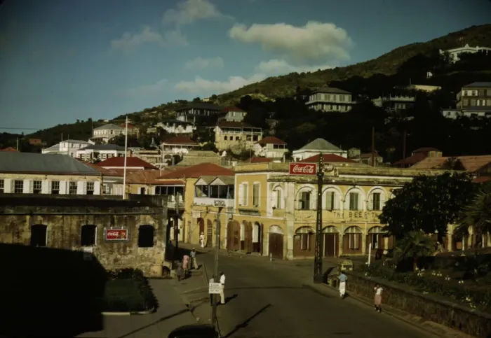 Framed Print : View down the main street from the Grand Hotel, Charlotte Amalie, St. Thomas Island, V. I. 1941. Creator: Jack Delano Framed Print : View down the main street from the Grand Hotel, Charlotte Amalie, St. Thomas Island, V. I. 1941. Creator: Jack Delano
