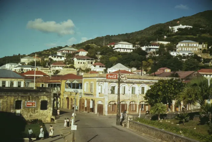 Framed Print : View down the main street from the Grand Hotel, Charlotte Amalie, St. Thomas, Virgin Islands, 1941. Creator: Jack Delano Framed Print : View down the main street from the Grand Hotel, Charlotte Amalie, St. Thomas, Virgin Islands, 1941. Creator: Jack Delano