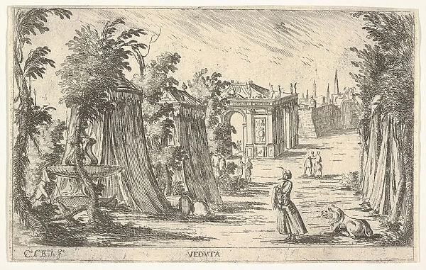 View with a man in a turban and a lion standing at right, tents and classical archite