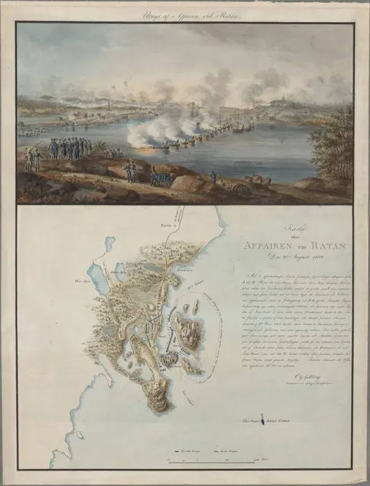 Framed Print : View and Map of the Affair at Ratan, on August 20, 1809, 1809. Artist: Gillberg, Carl Gustaf (1774-1855) Framed Print : View and Map of the Affair at Ratan, on August 20, 1809, 1809. Artist: Gillberg, Carl Gustaf (1774-1855)