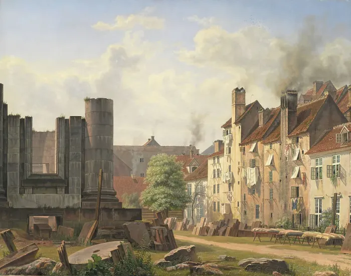 Framed Print : View of the Marble Square with the Ruins of the Uncompleted Frederik's Church, 1835. Creator: Frederik Hansen Sodring Framed Print : View of the Marble Square with the Ruins of the Uncompleted Frederik's Church, 1835. Creator: Frederik Hansen Sodring
