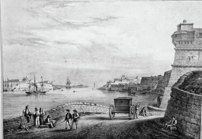 Framed Print : View of Marsamxett Harbour sketched from where nowadays stands Marina di Valletta in Pieta, c1850. Creator: Unknown Framed Print : View of Marsamxett Harbour sketched from where nowadays stands Marina di Valletta in Pieta, c1850. Creator: Unknown