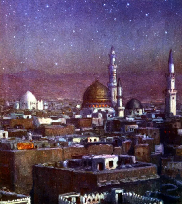 Framed Print : View of Medina, Arabia, by moonlight, showing the dome of the Tomb of the Prophet, 1918. Artist: Etienne Dinet Framed Print : View of Medina, Arabia, by moonlight, showing the dome of the Tomb of the Prophet, 1918. Artist: Etienne Dinet