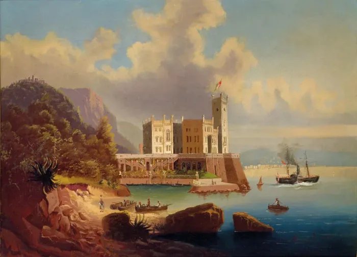 Framed Print : View of Miramare Castle and Trieste. Creator: Jankowski, Johann Wilhelm (1825-1870) Framed Print : View of Miramare Castle and Trieste. Creator: Jankowski, Johann Wilhelm (1825-1870)