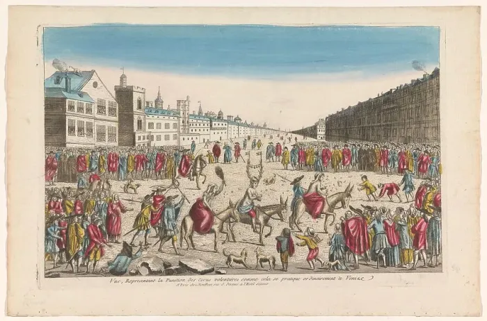 Framed Print : View of a mockery of cheaters on a square in Venice, 1759-c.1796. Creators: Louis-Joseph Mondhare, Anon Framed Print : View of a mockery of cheaters on a square in Venice, 1759-c.1796. Creators: Louis-Joseph Mondhare, Anon