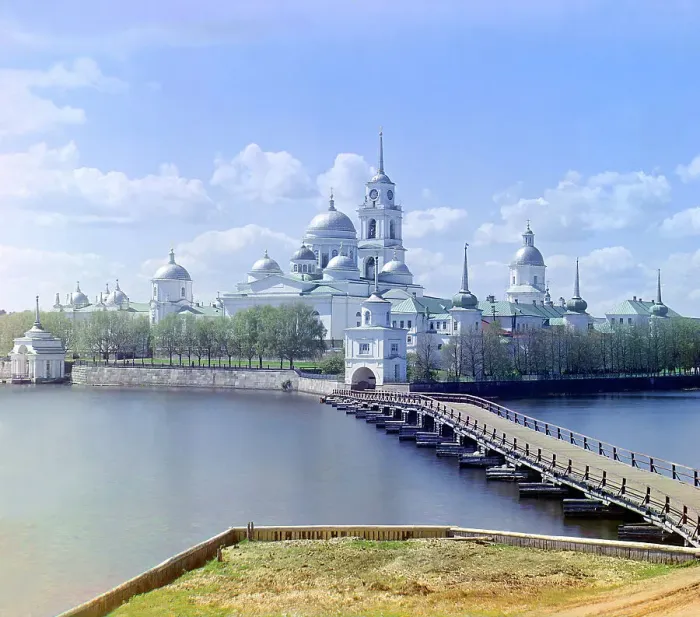 Framed Print : View of the monastery from Svetlitsa [Island, Saint Nil Stolbenskii Monastery, Lake Seliger], 1910. Creator: Sergey Mikhaylovich Prokudin-Gorsky