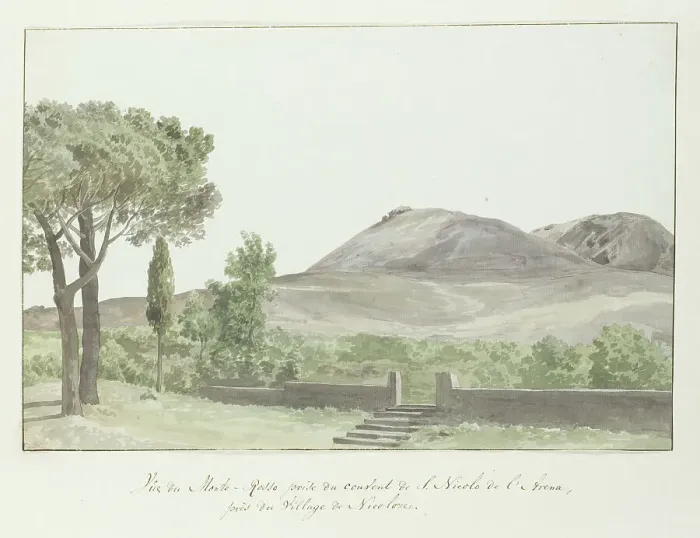 Framed Print : View of the Monti Rossi at San Nicolo l'Arena monastery close to Nicolosi, 1778. Creator: Louis Ducros Framed Print : View of the Monti Rossi at San Nicolo l'Arena monastery close to Nicolosi, 1778. Creator: Louis Ducros