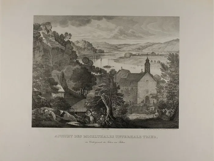 Framed Print : View of the Mosel Valley below Trier with the Rocks of Pallien in the Foreground, 1824 / 27. Creator: Johann Anton Ramboux Framed Print : View of the Mosel Valley below Trier with the Rocks of Pallien in the Foreground, 1824 / 27. Creator: Johann Anton Ramboux