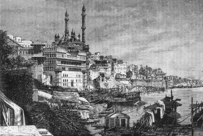 Framed Print : View of the Mosque of Aurungzebe and Madhoray Ghat (Quay) Benares, c1891. Creator: James Grant Framed Print : View of the Mosque of Aurungzebe and Madhoray Ghat (Quay) Benares, c1891. Creator: James Grant