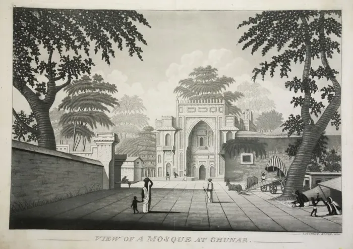 Framed Print : View of a Mosque at Chunar, pub. 1810 (engraving). Creator: James Moffat (1775 - 1815) Framed Print : View of a Mosque at Chunar, pub. 1810 (engraving). Creator: James Moffat (1775 - 1815)