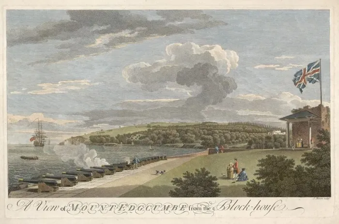 Framed Print : A View of Mount Edgcumbe from the Block House, pub. 1755. Creator: Samuel Scott Framed Print : A View of Mount Edgcumbe from the Block House, pub. 1755. Creator: Samuel Scott