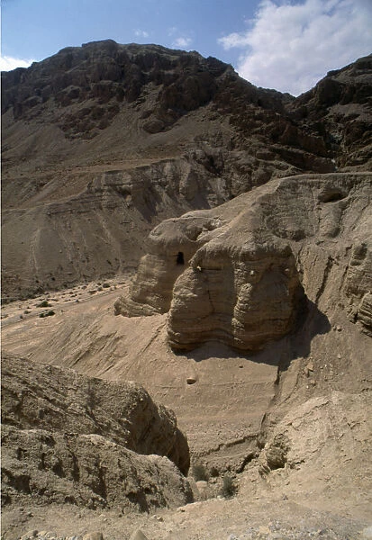 View of the mountains of Qumran in the Judean desert valley, the caves where ancient