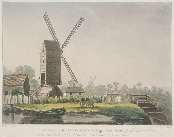 Framed Print : A view of Mr Metcalfs mill near Bromley, Bow, Poplar, London, 1785. Artist Framed Print : A view of Mr Metcalfs mill near Bromley, Bow, Poplar, London, 1785. Artist