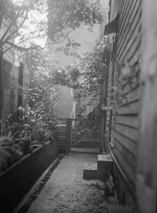 Framed Print : View down narrow outdoor passageway, New Orleans or Charleston, South Carolina, c1920-1926. Creator: Arnold Genthe Framed Print : View down narrow outdoor passageway, New Orleans or Charleston, South Carolina, c1920-1926. Creator: Arnold Genthe