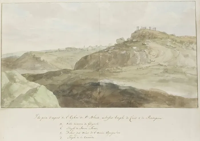 Framed Print : View near the church of Saint Blaise, built on the remains of the temple of Demeter..1778. Creator: Louis Ducros Framed Print : View near the church of Saint Blaise, built on the remains of the temple of Demeter..1778. Creator: Louis Ducros