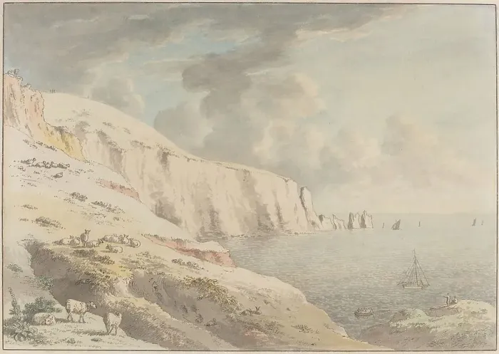 Framed Print : View of the Needles, and White Cliffs Taken from Allum Bay, Isle of Wight, 1772 / 1781. Creator: Anthony Devis Framed Print : View of the Needles, and White Cliffs Taken from Allum Bay, Isle of Wight, 1772 / 1781. Creator: Anthony Devis
