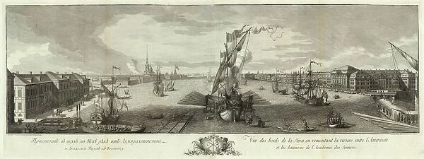 View of the Neva Downstream from the Admirality and the Academy of Sciences (Book to the 50th anniversary of St Petersburg), 1753. Artist: Vinogradov, Yefim Grigoryevich (1725  /  28-1769)